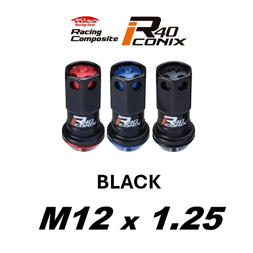KYO-EI Racing Composite R40 iCONIX (Lock & Nut Set) (Aluminum Caps) - M12x1.25 - Black Lugs (20 Lug Set)