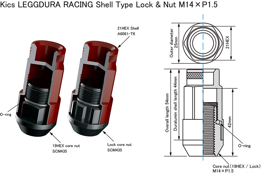 KYO-EI Project Kics Leggdura Racing L54 2pcs Shell Type  - M14x1.5 - 20 Lug Set